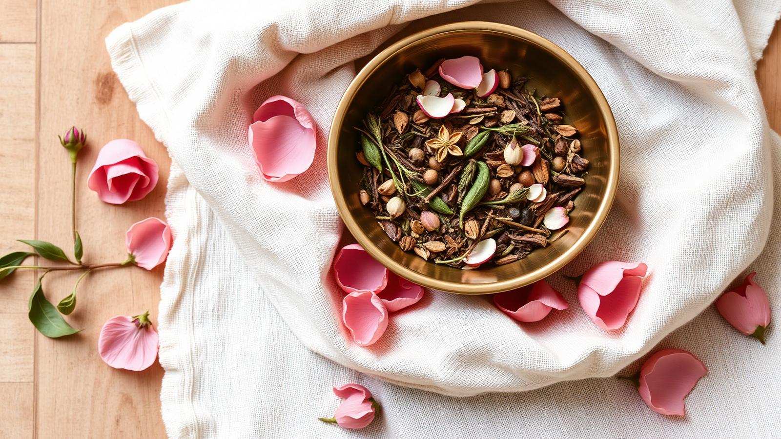 Ayurvedische kruiden in een messing schaal met rozenblaadjes